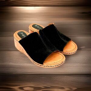 BOC Black Suede Leather Mule Sandals Cork Platform Wedge Slip On Slides size 7M
